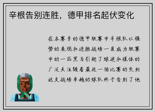 辛根告别连胜，德甲排名起伏变化