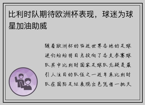 比利时队期待欧洲杯表现，球迷为球星加油助威