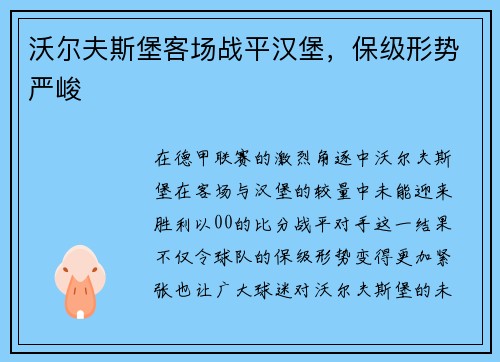 沃尔夫斯堡客场战平汉堡，保级形势严峻