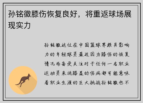 孙铭徽膝伤恢复良好，将重返球场展现实力